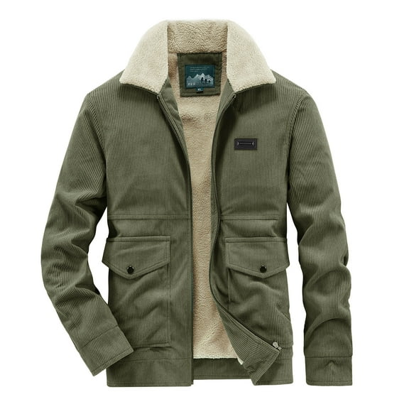 MELDVDIB Mens Zip-Up Corduroy Cargo Coats Fleece Fashion Causal Solid Color Loose Fit Hoodless Jacket Fall Winter Long Sleeve Lounge Outwear Tops Army Green L