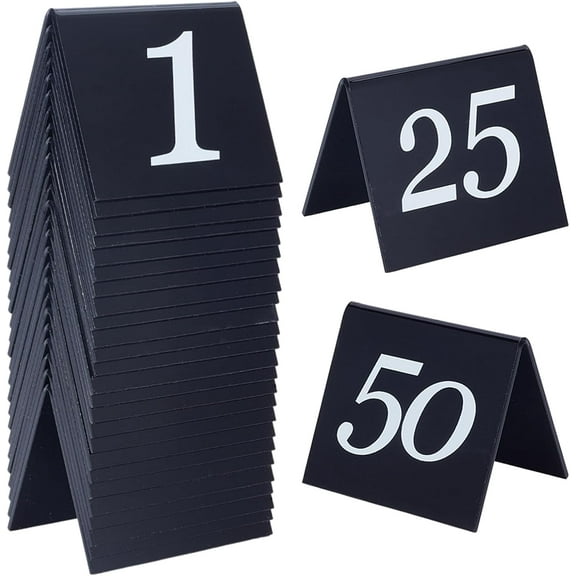 50pcs Tent Style Acrylic Table Numbers Signs 1-50 Double Sided Black Table Numbers Signs Acrylic Tent Table Numbers Stands Signs 2.1x2.5x1.9 Inch for Wedding Party Banquets Receptions