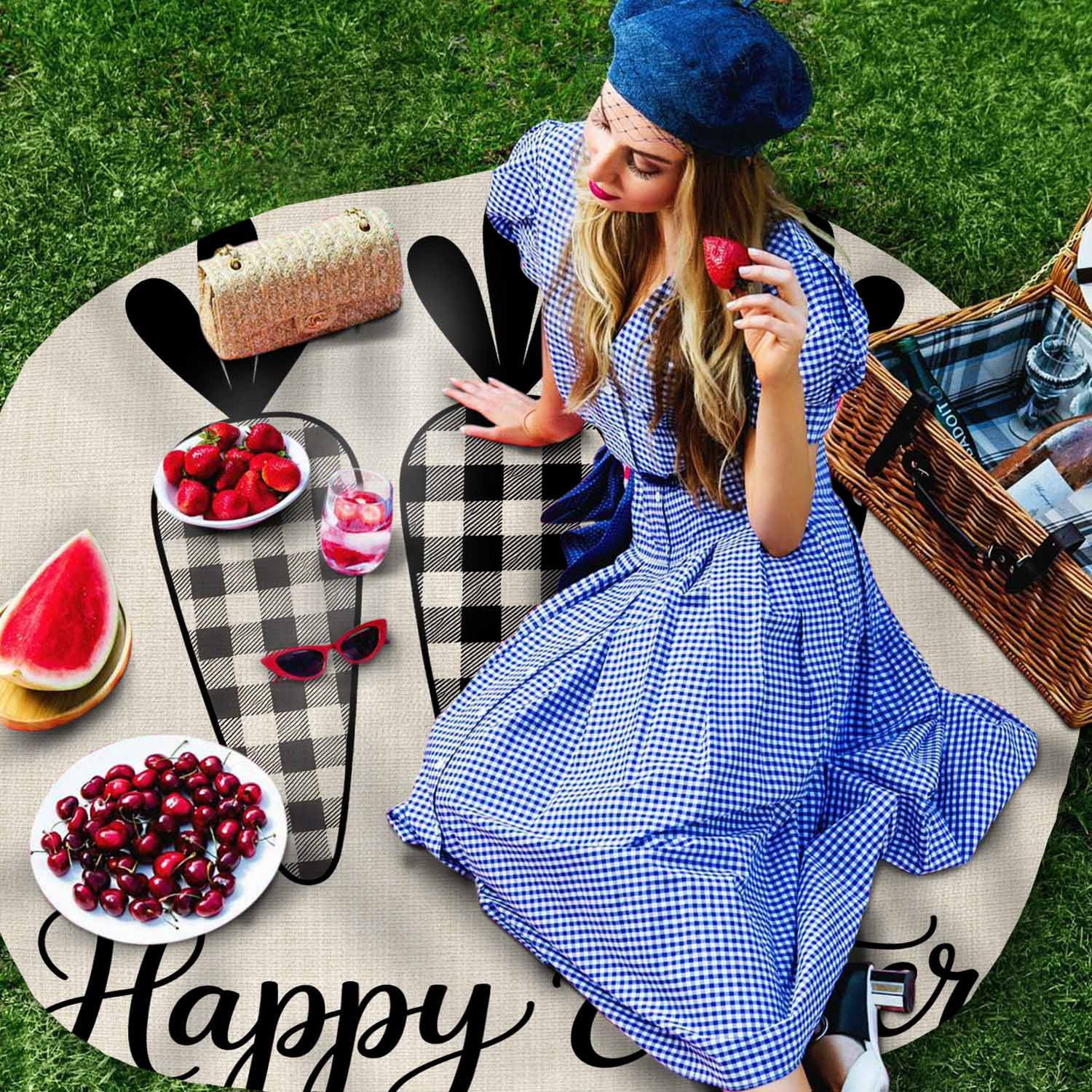 Round Tablecloth Happy Easter Waterproof Oil Proof Polyester Table Cloth Cover Decor for Home Dining Outdoor,Patio,Parties, 60" Dia. Farmhouse Plaid Carrots Linen