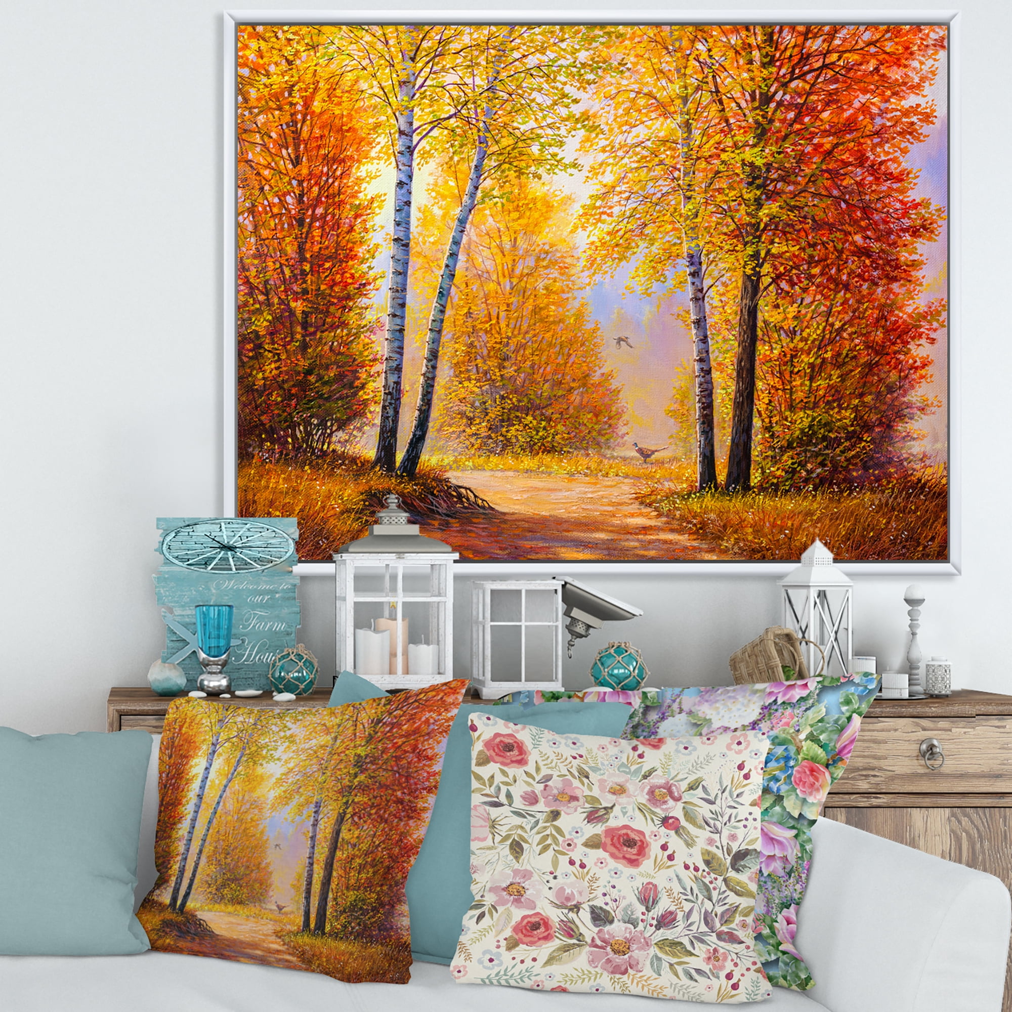 Designart 'Sunrise Glow Through The Autumn Trees' Lake House Framed Canvas Wall Art Print