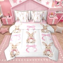 Homewish Kawaii Bowknot Bunnies Bedding Comforter Set 7pcs, Pink Princess Ribbon King Bedding Sets, Cute Cartoon Rabbit Reversible Bed Sheets, Super Cozy Room Decor