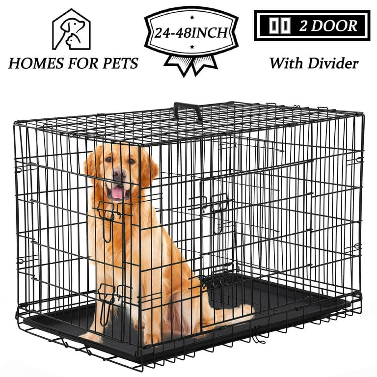 Foldable Heavy Duty Dog Crate on Wheels w/ Tray for Medium and Large Dogs