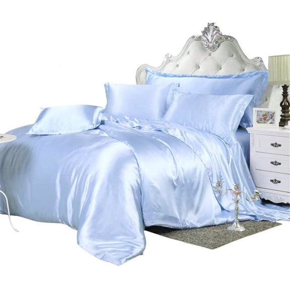 Kanak Bedding All-Season Ultra Soft 500 GSM Queen Size Silky Satin 7Pcs Comforter Set (Comforter   Fitted 15"  Flat   4 Pillow Case) Medium Blue