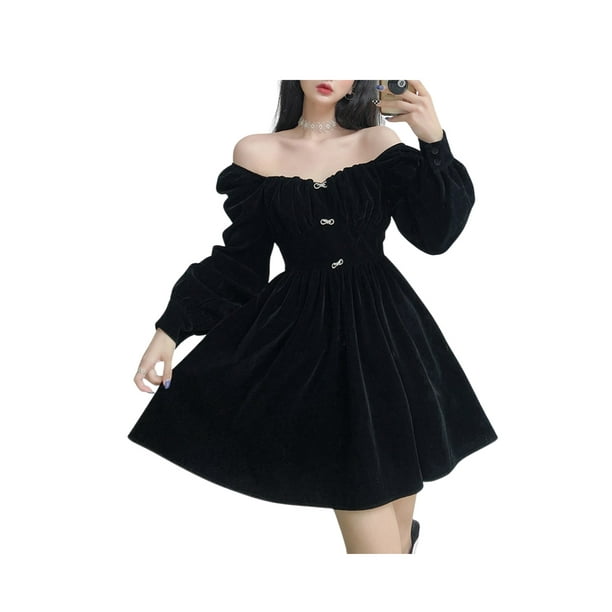 Vestido Para NiñAs Color SóLido Cuello Cuadrado Puff Manga Larga Delgado Fruncido Vestido De Noche XBTCLXEBCO Negro;M