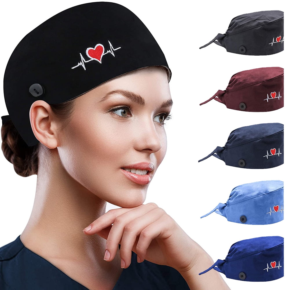 Working Cap with Buttons One Size Cotton Breathable Sweatband Adjustable Tie Back Head Covers for Women Men 