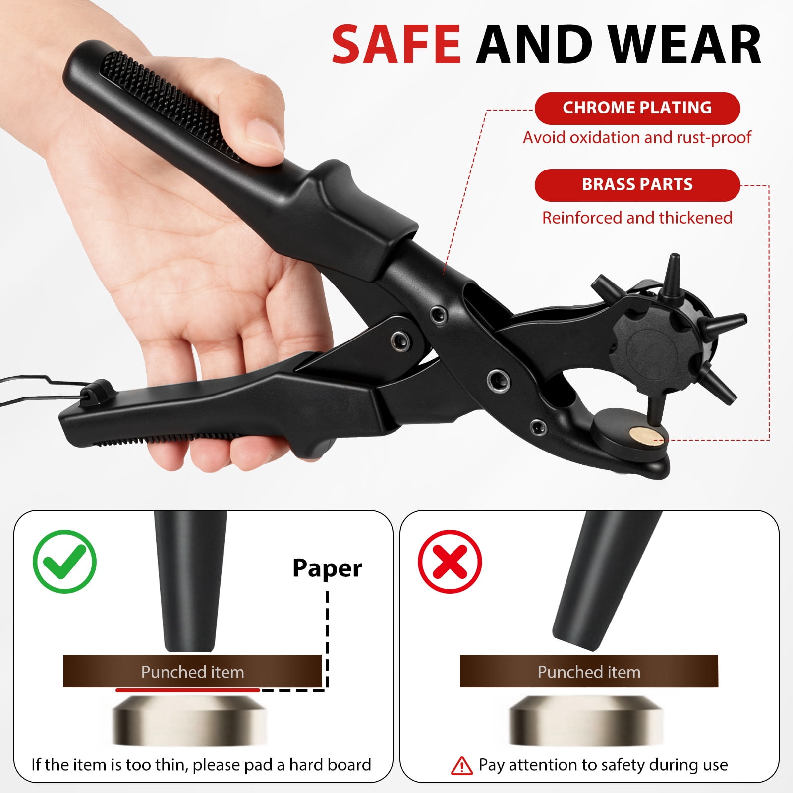 Leather Hole Punch Set Punch Pliers with PVC Handle and Effort Saving Design Ideal for Belt Plastic Rubber Canvas DIY Leather Work,Black