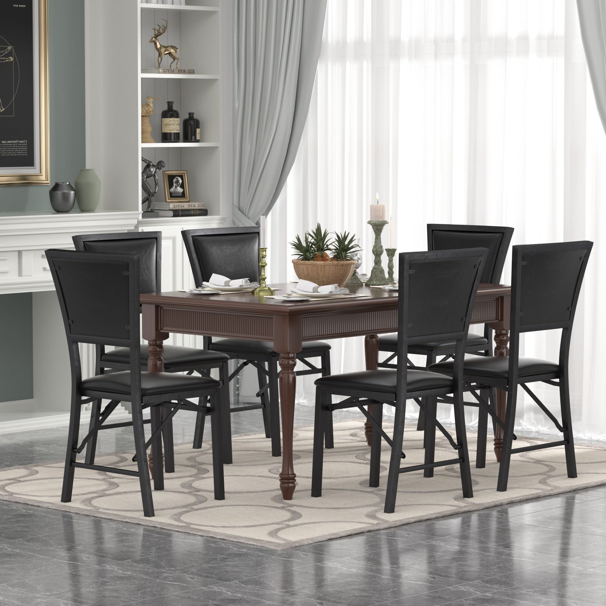 VECELO Set of 6 Metal Folding Chairs, High Back PU Upholstered Dining Chairs with Metal Frame, Modern Style Folding Chairs for Kitchen, Dining Room, Space Saving Design, Black