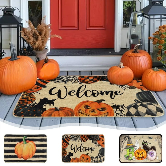 LSLJS Tapis de Porte d'Halloween, 24"x16 Pouces Tapis de Porte Attrape-Saleté Intérieur Entrée, Tapis de Porte avant Lavable Antidérapant Extérieur Entrée, Paillasson Citrouille d'Halloween pour Décorations de Fête