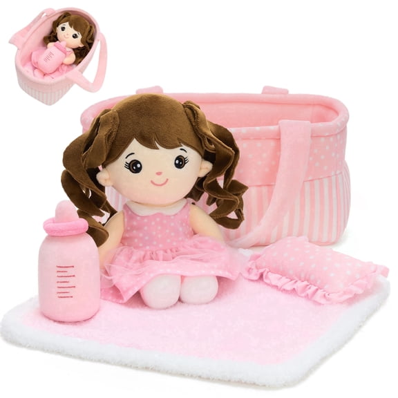 Muiteiur 6Pcs Pink Baby Doll Plush Toy Stuffed Doll Toy (Bassinet, Blanket, Bottle, Clothes, Pillow)