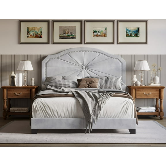 Home Design Norris Full Tufted Upholstered Panel Bed Frame with Button Tufting and Nailhead Trim, Silver Gray, Easy Assembly