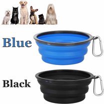 Collapsible Dog Bowls 2 Pack, Silicone Feeding Watering Bowls with Carabiners for Dogs Cats, Portable Water Feeder Food Bowl for Walking Traveling Home Use, 1000ml, Black Blue