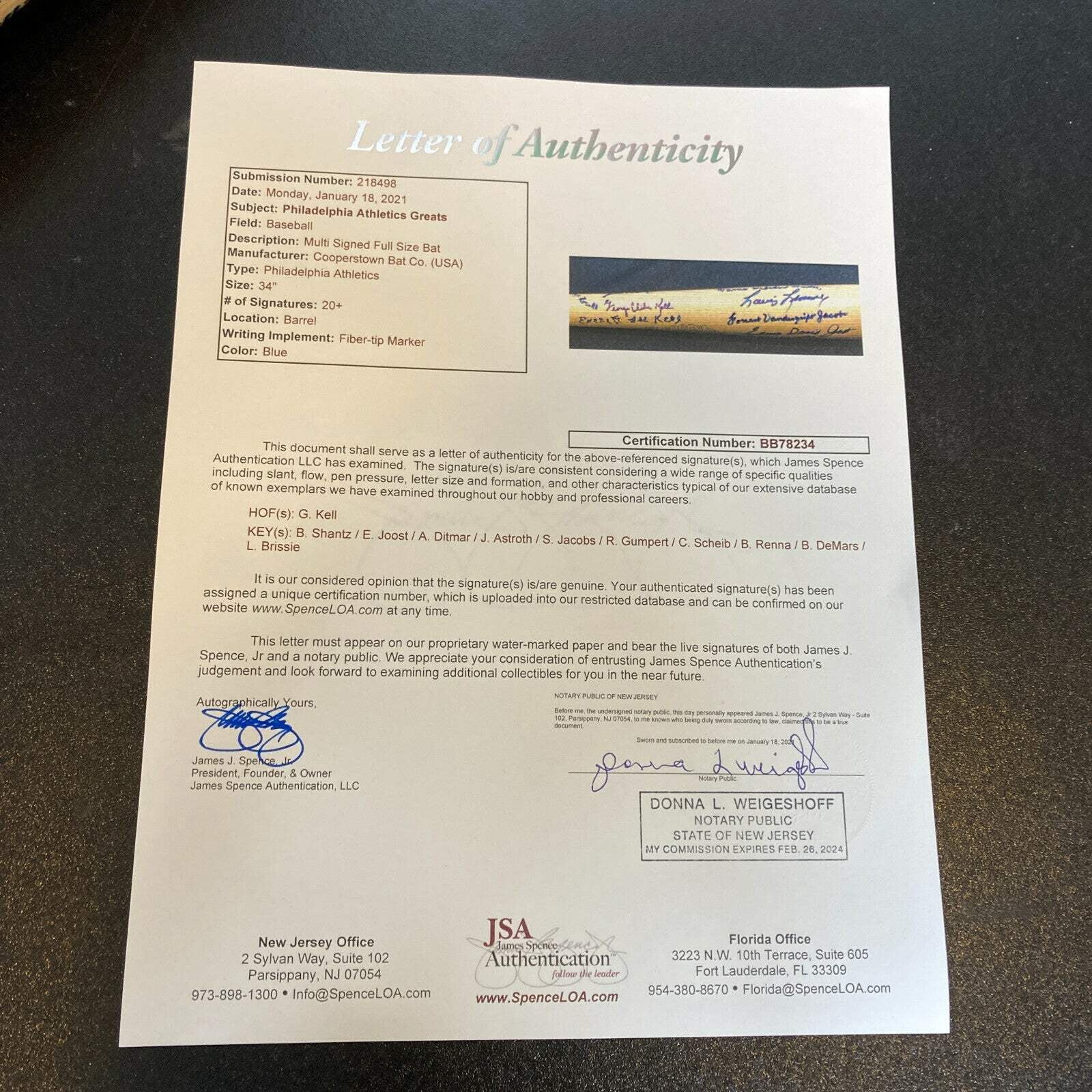 Rare Philadelphia Athletics Legends Full Name Signed Inscribed Bat With JSA COA