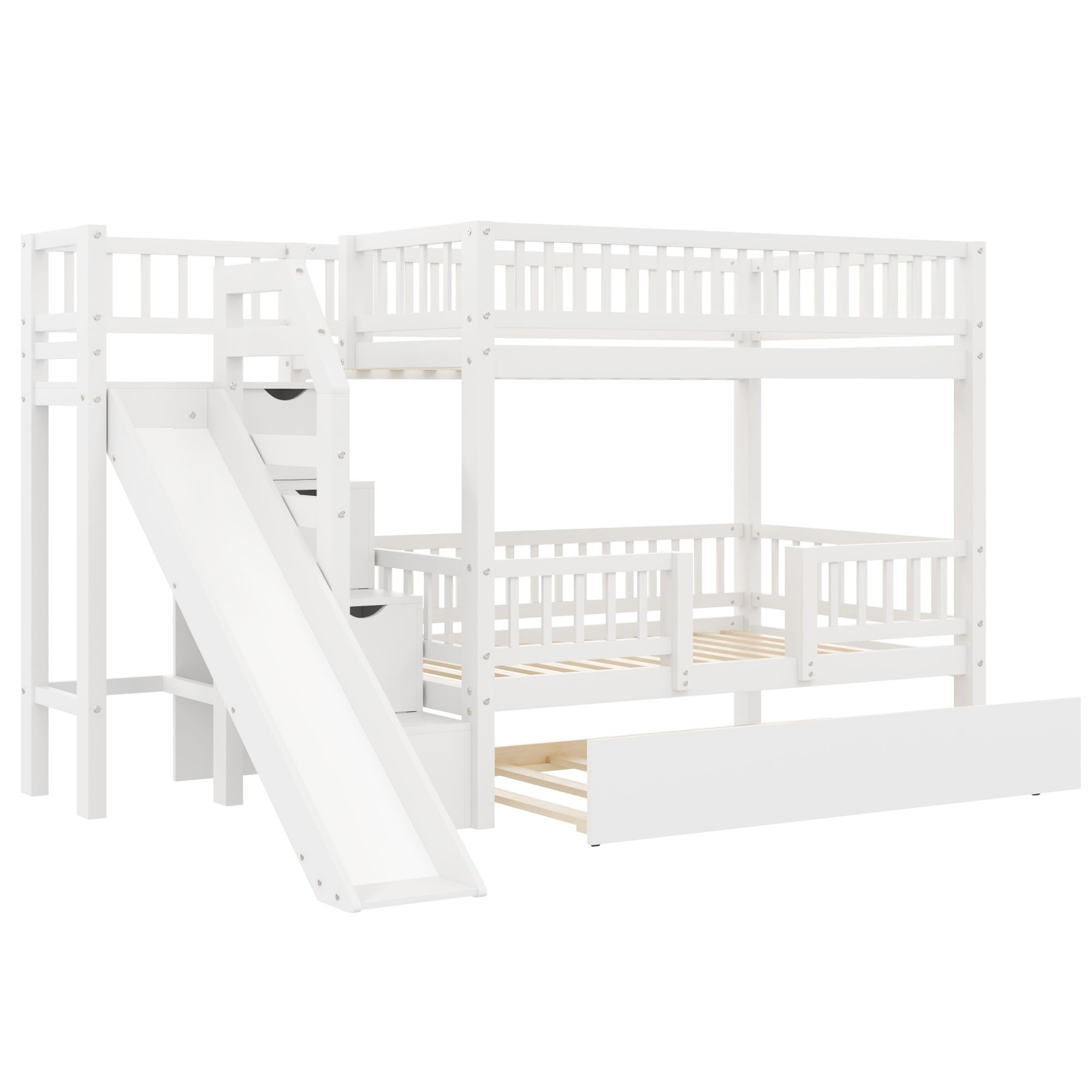 Euroco Wood Twin over Twin Bunk Bed with Trundle, 3 Beds in 1 with Storage Staircase and Slide, No Box Spring Needed, White
