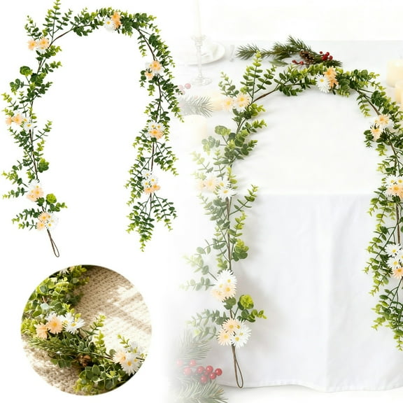 Artificial Flower Garland 5.9FT, Spring Summer Daisy Floral Vine for Wedding Arch Backdrop, Hanging Garland for Mantle Baby Shower Party Porch Staircase Wall Decor