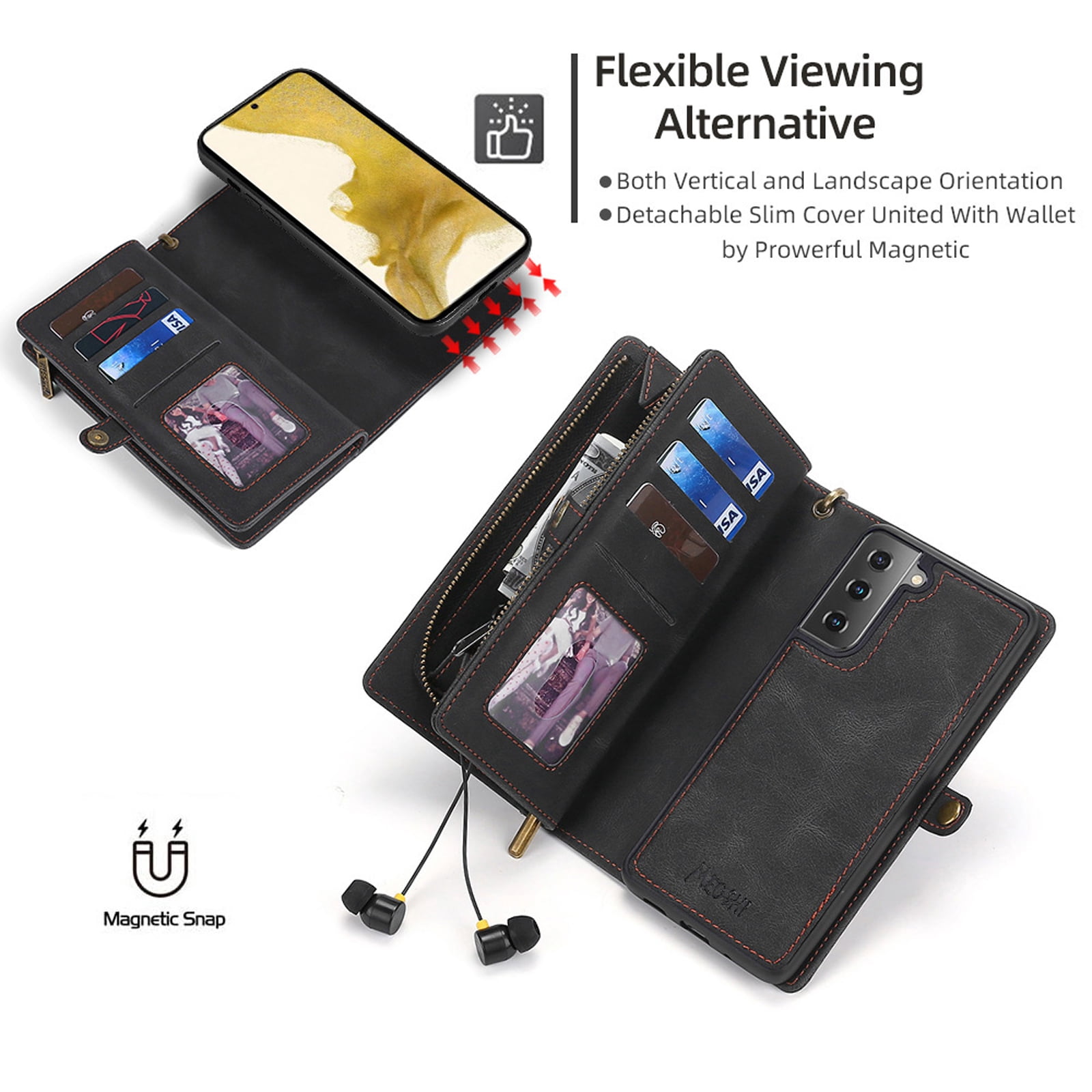 for Samsung Galaxy S24 Case for Women Men, Removable Durable PU Leather Magnetic Flip Strap Wristlet Zipper Purse Card Holder Detachable Wallet Phone Cases for Samsung Galaxy S24, Black