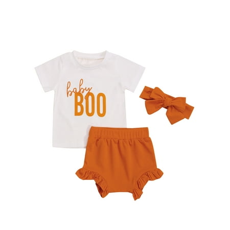 

Meihuid Baby Girl Halloween Outfit Boo Print T-Shirt Tops Ruffle Shorts Headband
