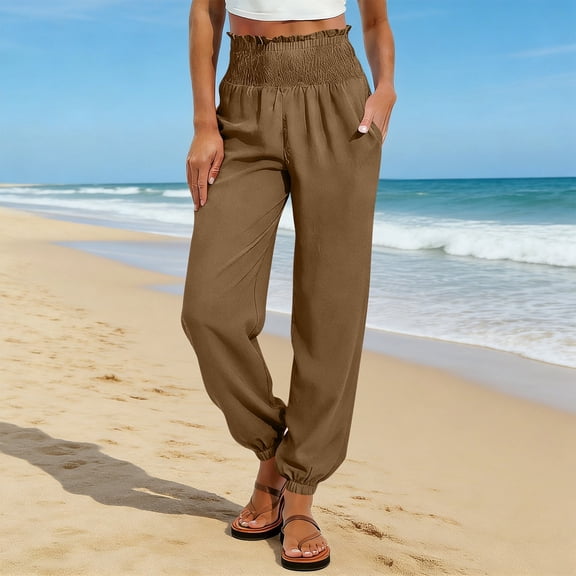 Women's Boho Beach Harem Pants Smocked Waist Flowy Wide Leg Vacation Pants with Pockets Brown M