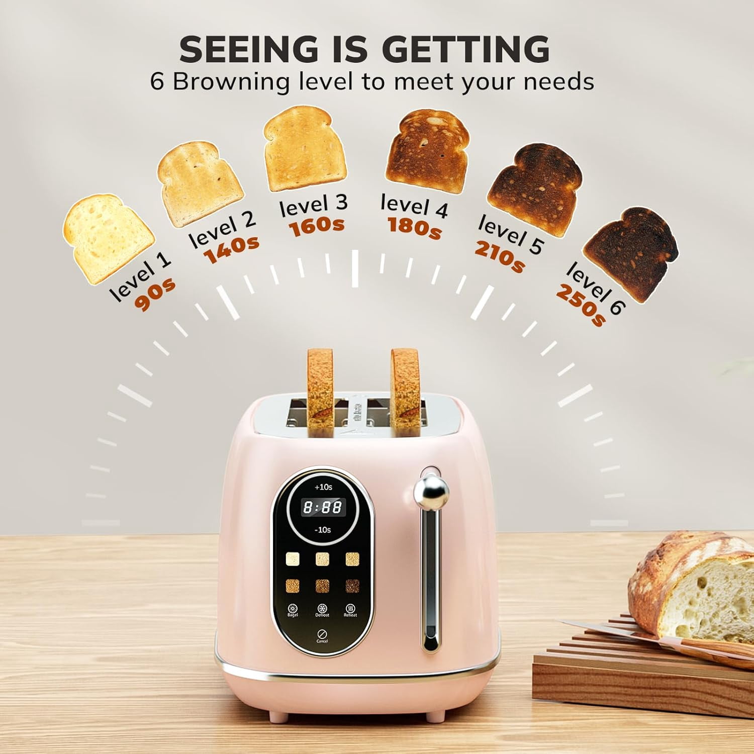 Smart Touch Screen Toaster 2 Slice, Retro Wide Slot Stainless Steel Toaster with 6 Browning Levels, Reheat & Defrost, for Bagel, Toast, Bread, Removable Crumb Tray, Black