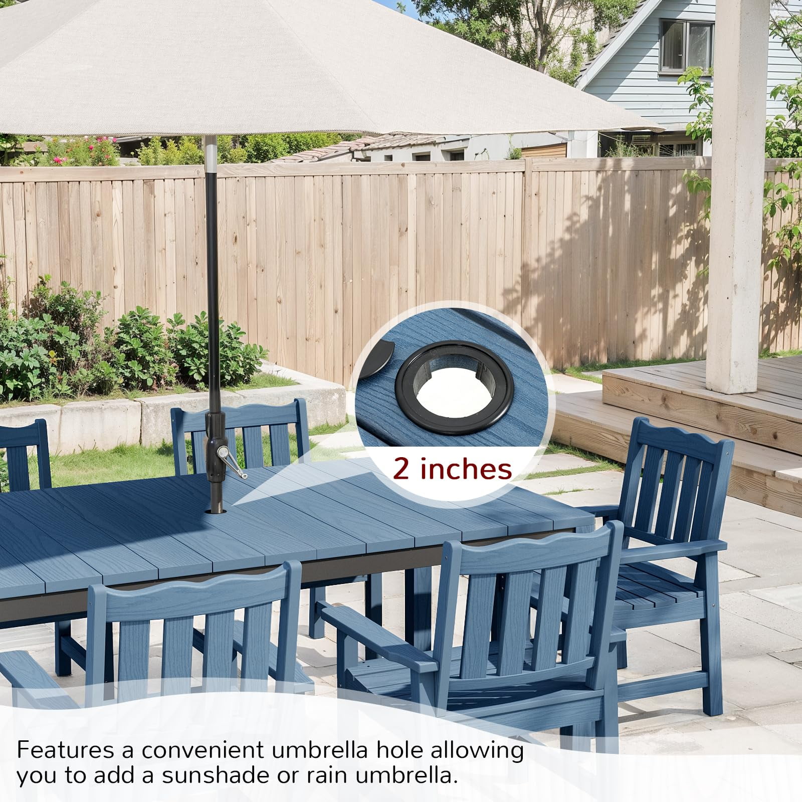 STOOG Patio Dining Table for 6 Person with Umbrella Hole, 63" All-Weather Outdoor Dining Table for Garden, Backyard, Poolside, Blue