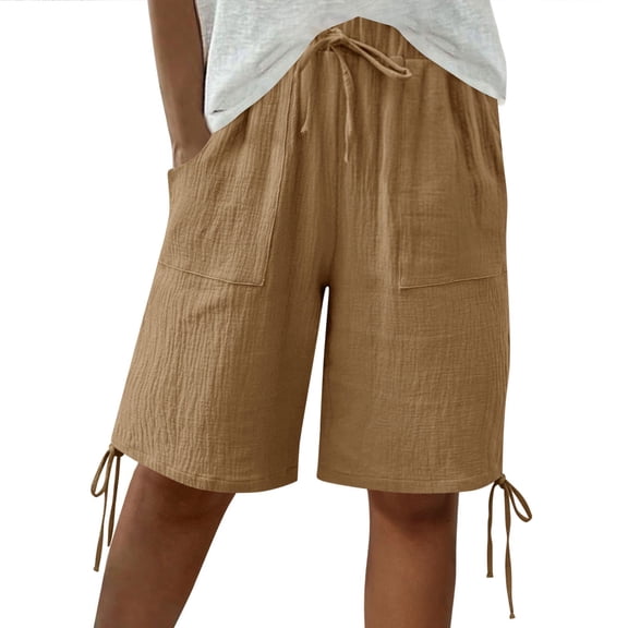 GUACER Womens Wide Leg Shorts Casual Drawstring Elastic Waist Linen Summer Bermuda Shorts with Pockets Hem Tie