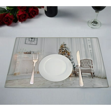 

ECZJNT White room with Christmas and New Year decorated interior Placemat Table Mat Cup Mat 12x18 inch Set of 2