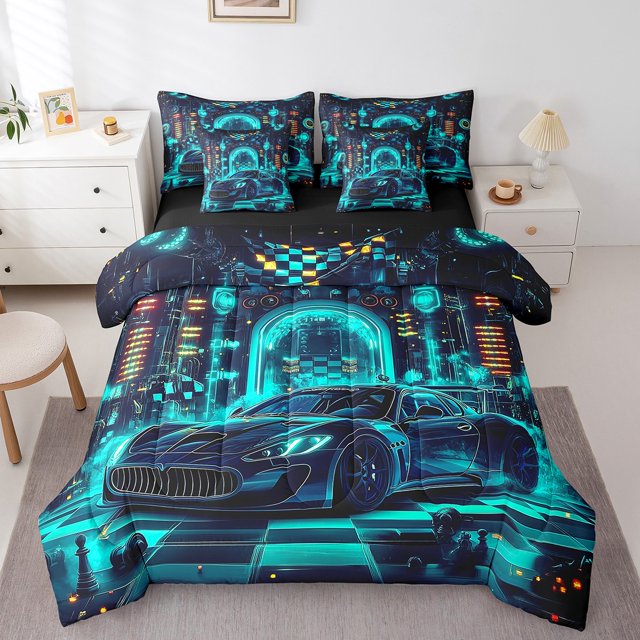 YST 7 Piece Boys Blue Race Car Comforter Set With Sheets Queen Cool Sports Car Bed In A Bag For Kids Teen Car Racing Games Bedding Set Geometric Checkered Flag Bed Set Race Car Room Decor
