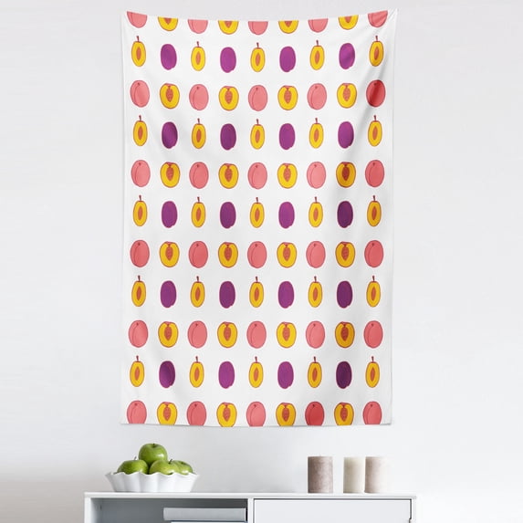 Fruit Tapestry, Tasty Healthy Plums and Peach Arrangement Colorful Illustration, Fabric Wall Hanging Decor for Bedroom Living Room Dorm, 5 Sizes, White Dark Magenta, by Ambesonne