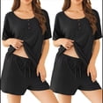 thumbnail image 3 of Conjuntos de Pijama para Mujer, 2 Piezas, de Punto Acanalado, Corta, Ropa de Dormir Suave, Conjuntos de Verano para Estar en Casa, Negro, XL, 3 of 8