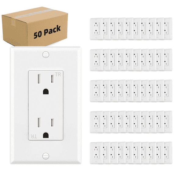 Outlet Socket, Decorator Receptacle, 15 Amp, 125 Volt, Tamper Resistant, TR Grounding with Wall Plates UL Listed White 50pack