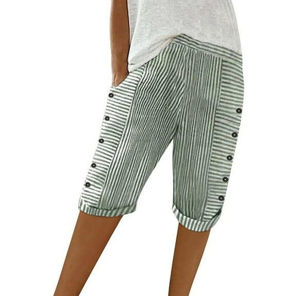Seductiva Women's Shorts Women's Elastic Waist Striped Casual Short Pants Loose Cotton and Linen Shorts Womens Workout Shorts