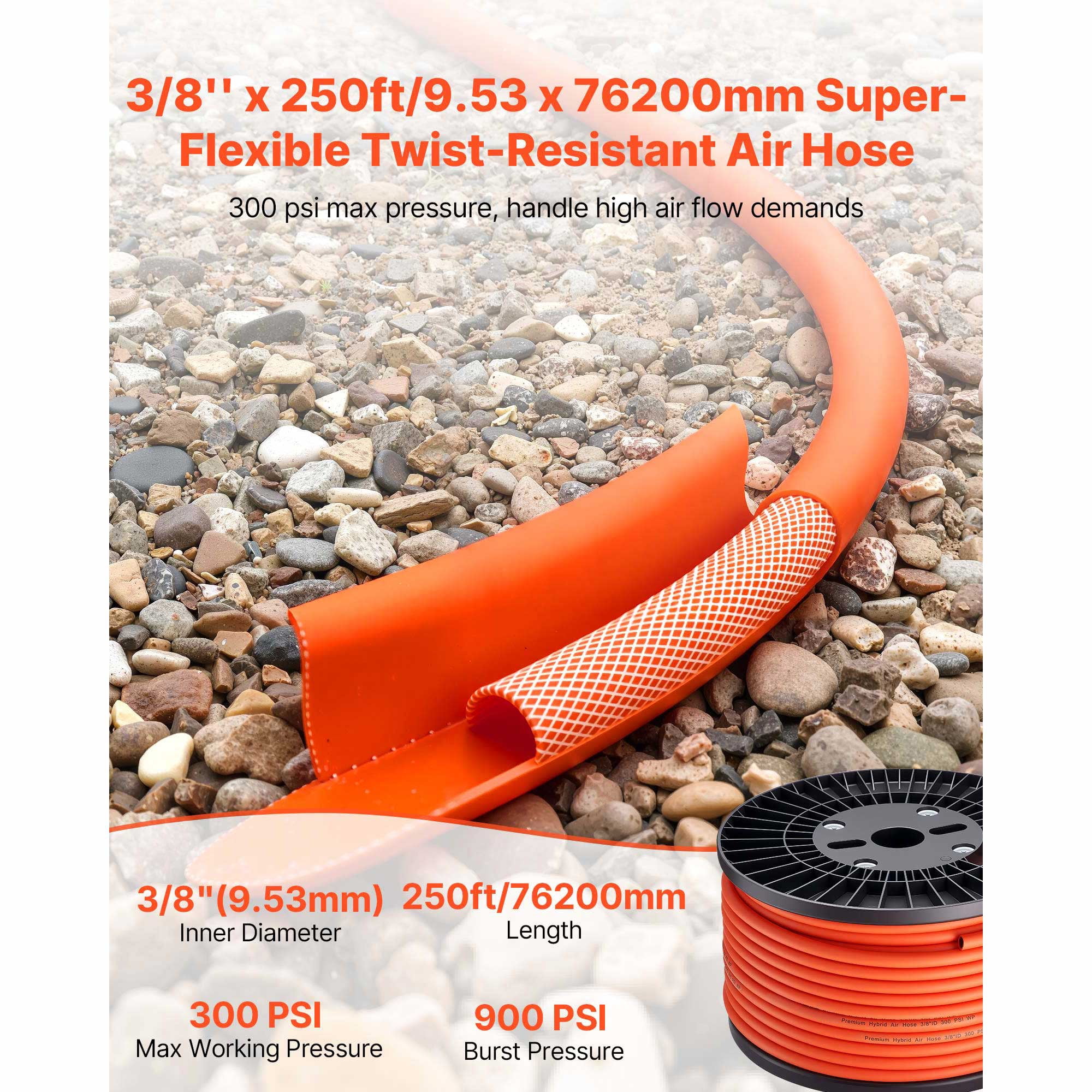 KFFKFF 3/8'' x 250ft Hybrid Air Hose, Durable, Lightweight, Kink-Resistant, Three-Layer Material for Automotive, Home & Construction Use, 300 PSI, Flexible in All Weather, Orange