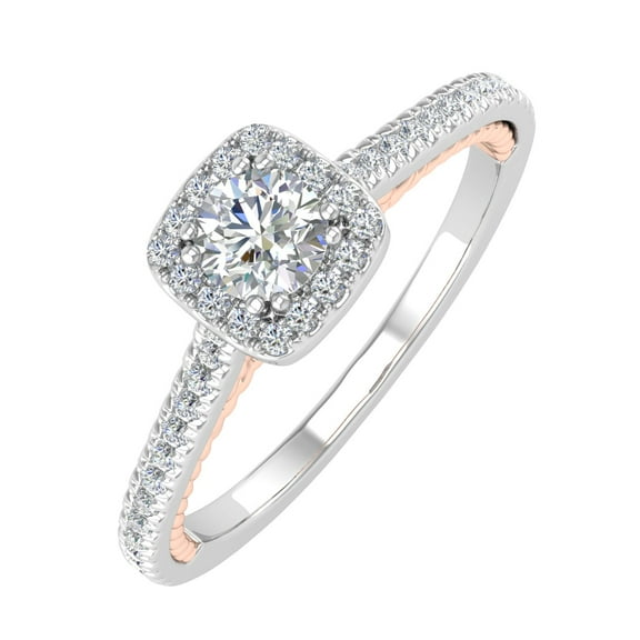 1/2 Carat Diamond Cushion Shape Halo Engagement Ring in 10K White & Rose Gold (Ring Size 6.75)