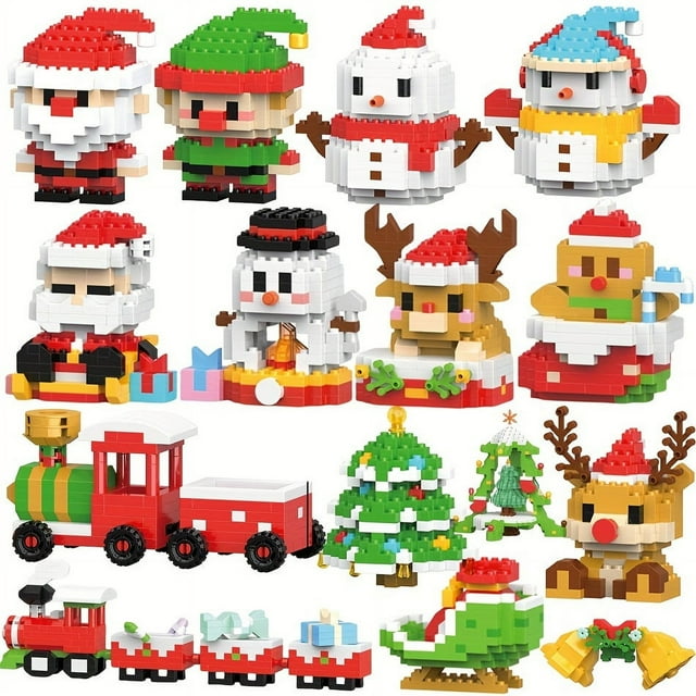 Christmas Tree Train Santa Claus Model Building Blocks, Elk Elves Snowman Mini Bricks, Xmas Gifts Toys