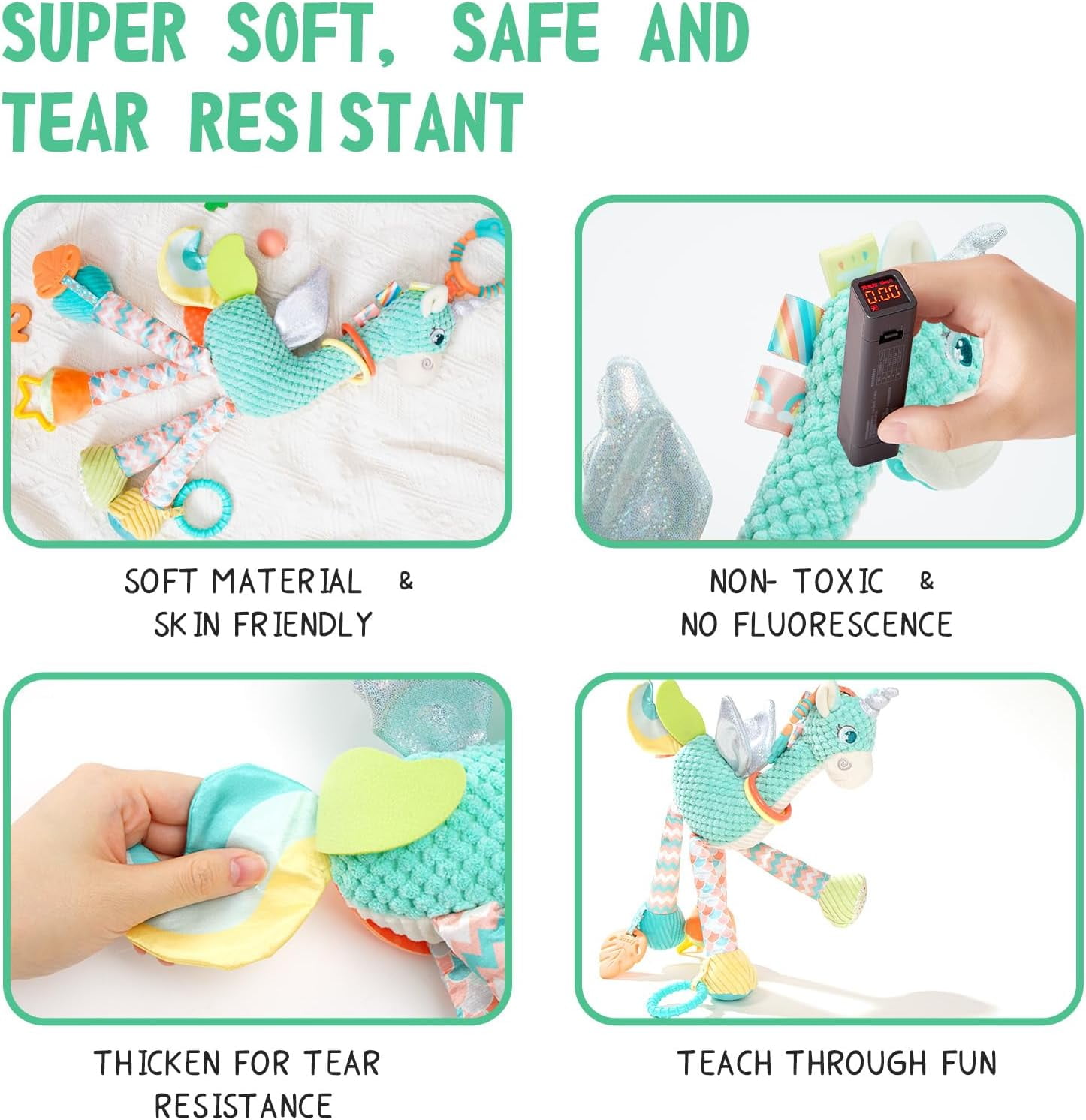 Giraffe Teething Hanging Toy, Chewable Sensory Crinkle Bell Doll for Stroller Crib Car Seat, Newborn Infant 0-12 Months Gift