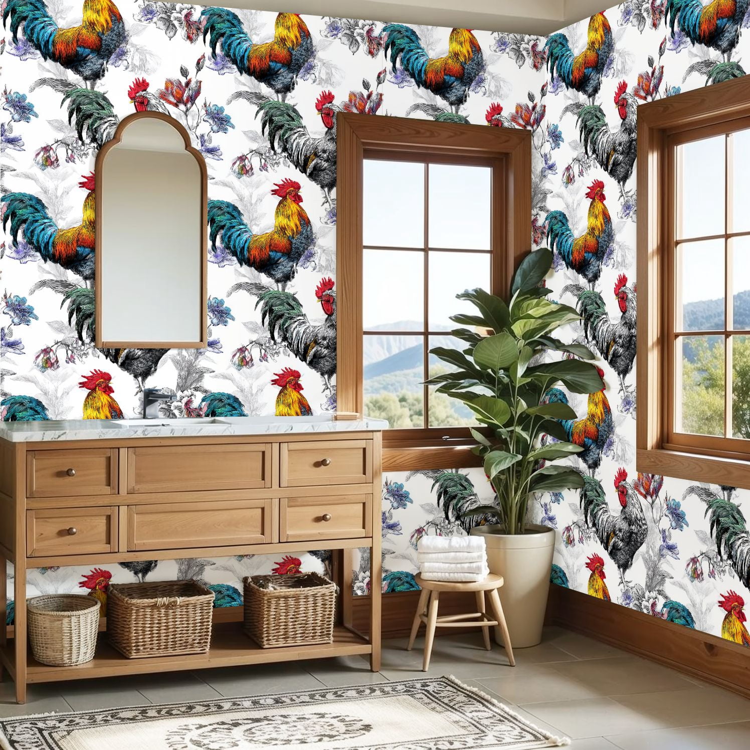 Farmhouse Peel and Stick Wallpaper Vibrant Rooster Colorful Feathers Floral Wall Mural 23.6in x 9.8ft Self Adhesive Wall Paper for Cabinets Drawers Bathroom Bedroom Thicken Vinyl Roll