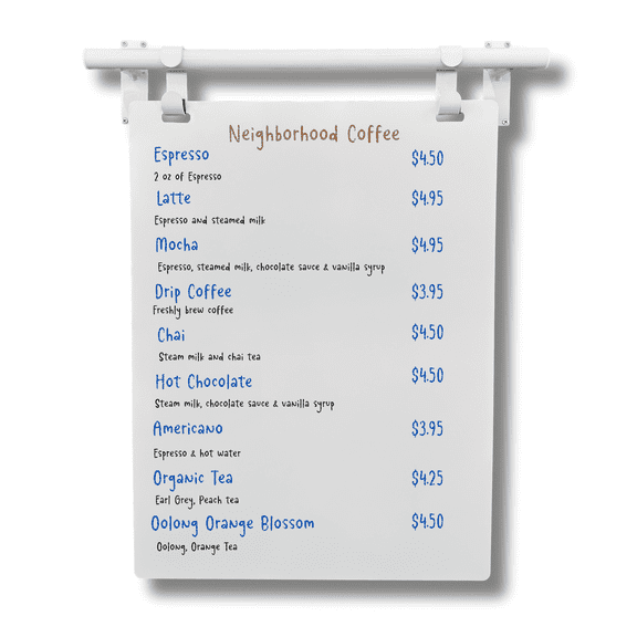 Hanging Chalkboard Menu Sign – Magnetic Metal Café Display, White Frame with White Board, 18" x 24"