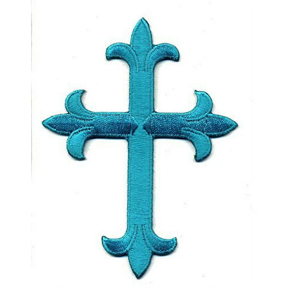4" Cross - Tropical Blue - Fleur De Lis - Religious - Iron on Applique/Embroidered Patch