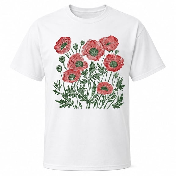 Poppy Linocut Floral T-Shirt, Vintage Boho Wildflower Tee, Cottagecore Unisex Cotton Shirt, August Birthday Gift