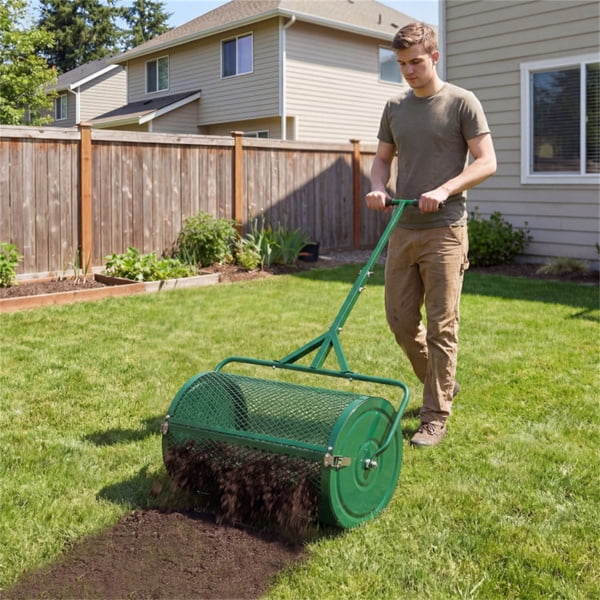 imerelez 24 inch Compost Spreader for Lawn, Lightweight Metal Mesh Lawn with 0.75"×0.5" Mesh for Topdressing & Seedling, Fertilizer Topsoil Peat Moss Spreader Roller, Garden Yard Care (Green)