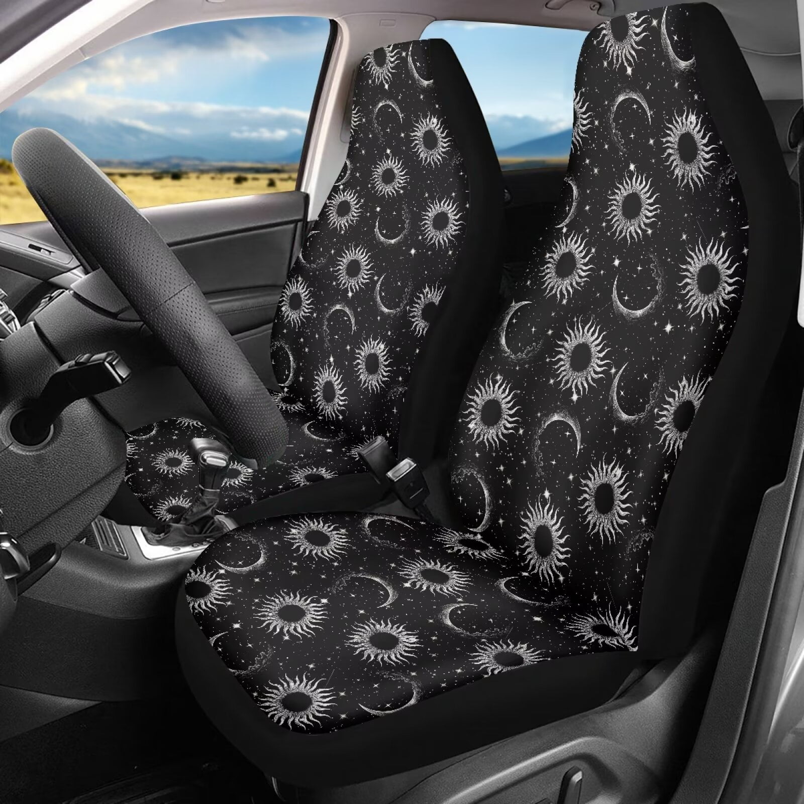 Uourmeti Celestial Moon Sun Star Print 2 Piece Car Seat Covers Front Seats Only Universal Bucket Seat Protector for Suv Van Trucks Black Car Accessories for Women Interior Cute Set