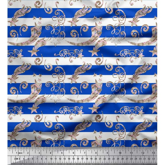 Soimoi Blue Poly Georgette Fabric Star & Swirls Stripe Print Fabric by the Yard 42 Inch Wide