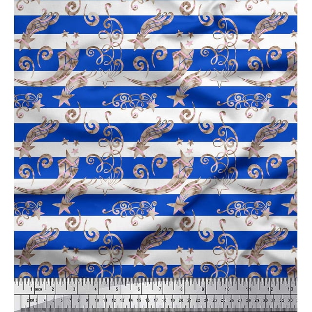 Soimoi Blue Poly Georgette Fabric Star & Swirls Stripe Print Fabric by the Yard 42 Inch Wide