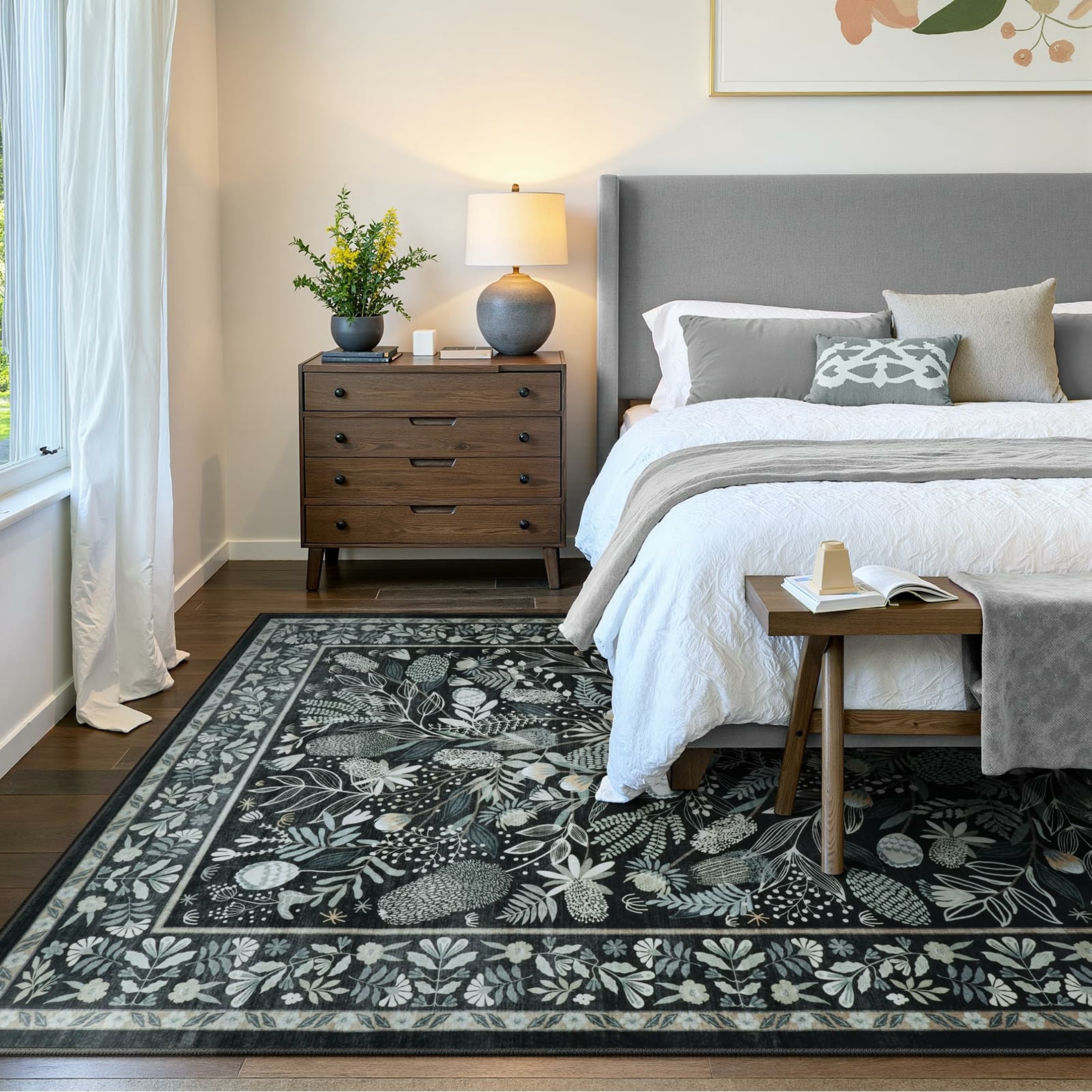 Moynesa 5'x7' Washable Rugs for Living Room, Black Botanical Floral Large Rugs for Bedroom Non-Slip Soft Modern Natural Rugs for Dining Room, Stain Resistant Accent Carpet for Dorm Apartment