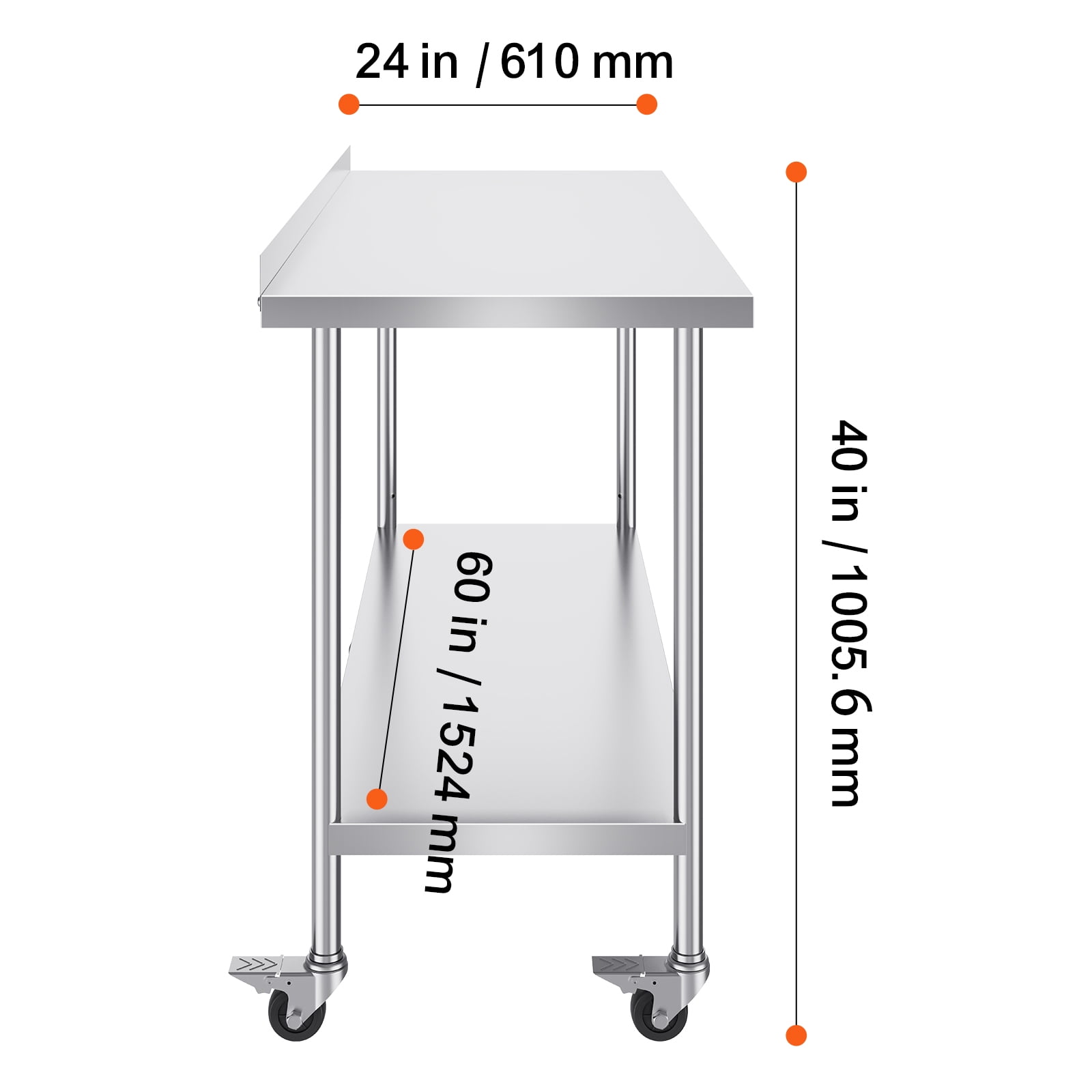 KFFKFF 24 x 60 x 40 Inch Stainless Steel Work Table, Commercial Food Prep Table with Wheels, Durable Metal Workstation with Adjustable Height for Kitchen, Home, and Hospitality Use