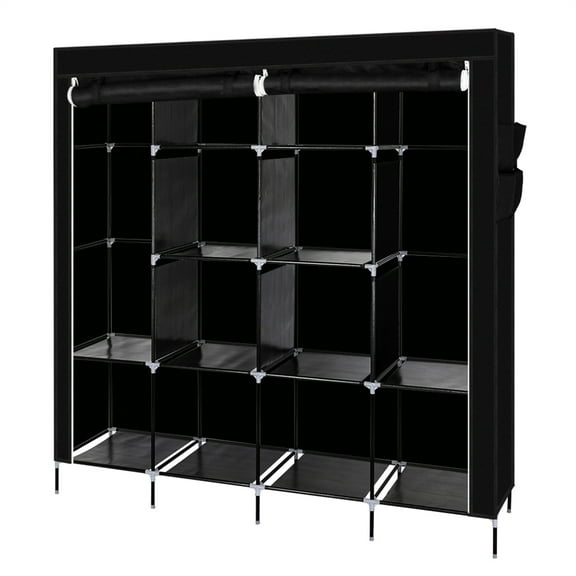 67 Inch Black Portable Clothes Closet, Non-Woven Fabric Steel Tube PP Plastic Storage Wardrobe with 12 Shelves & Hanging Rod, Space Saving for Small Room Walk-in Closet