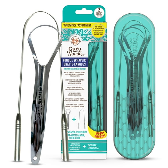 Pack 2 gratte-langues, forme cuillère et U GuruNanda, étui voyage, inox sans BPA tout âge