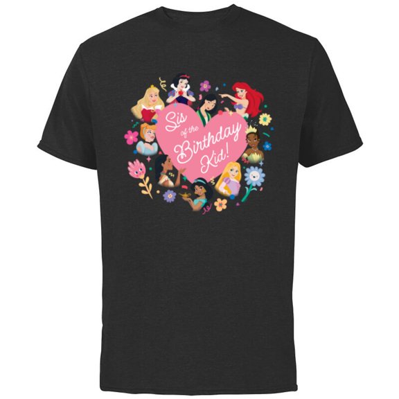 Disney Princess Family Heart Sis of the Birthday Kid - Short Sleeve Cotton T-Shirt for Adults - Customized-Black