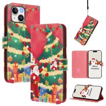 Phone Case for iPhone 13, Luxury Christmas Pattern Card Slots Cash Pocket Magnetic Clasp Full Body Protection Shockproof Kickstand Wallet Flip Case with Wrist Strap for iPhone 13, F
