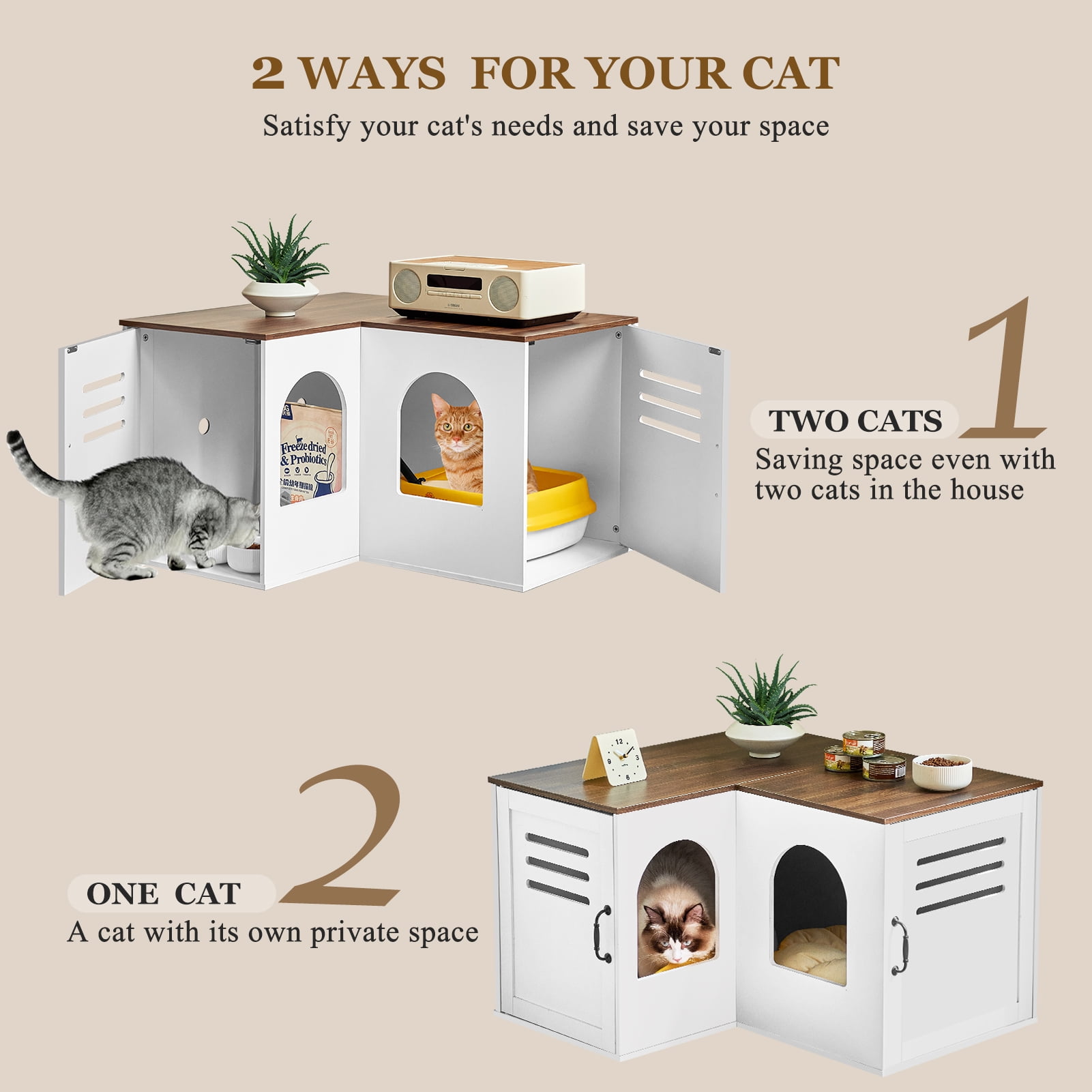 JanflyHome Litter Box Enclosure Furniture, Farmhouse Corner Cat Litter Box Enclosure for 2 Cats with 2 Silicone Food Bowls, White