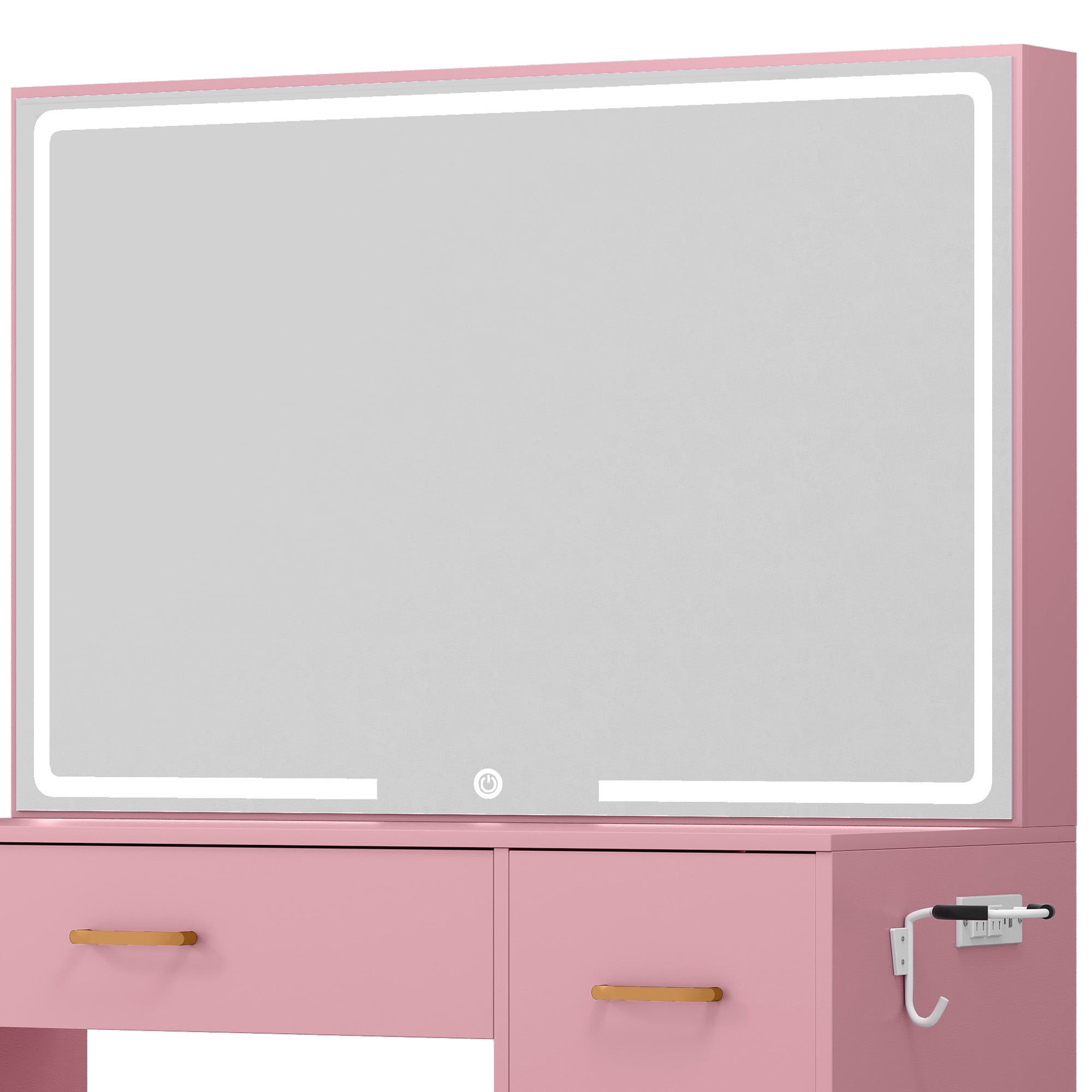 Uforic 4 Drawers Makeup Desk with LED Mirror, Vanity Table with Power Strip, Stool, Pink